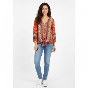 West Kei Orange Patterned Blouse with Tie Front